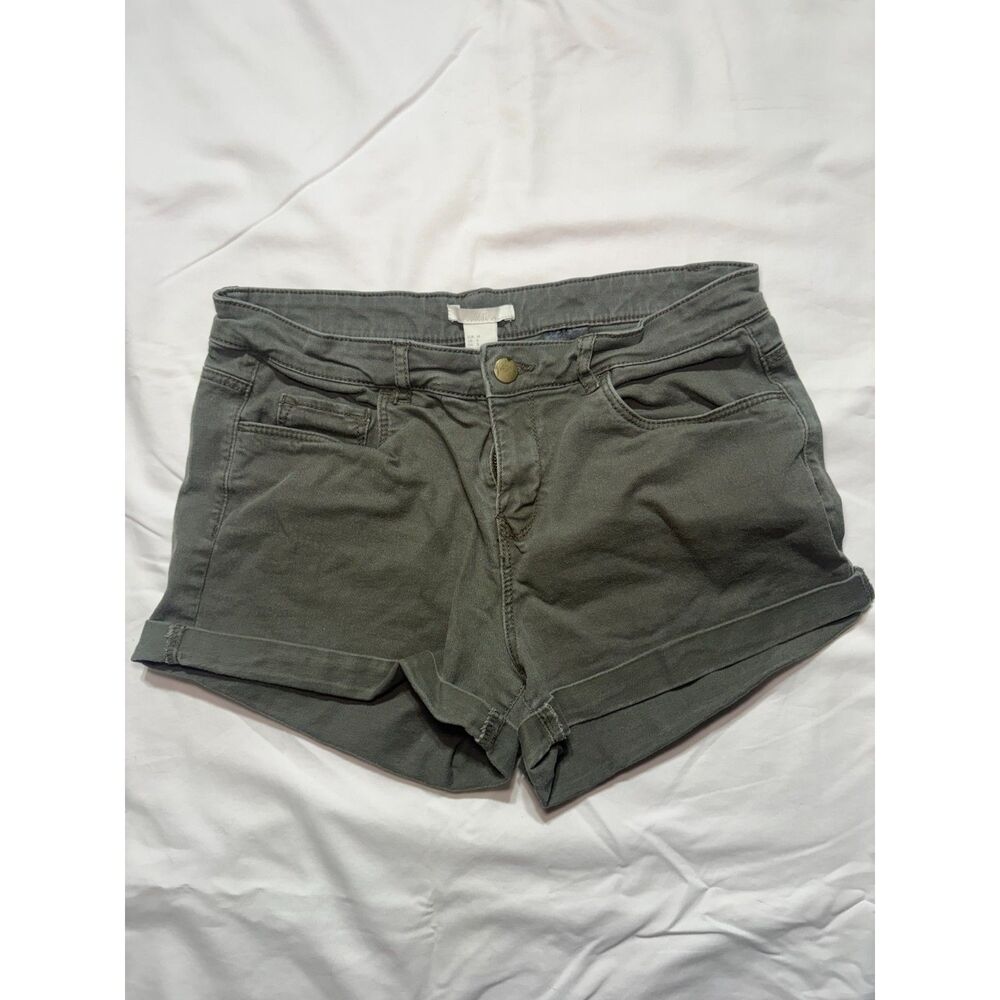 H&M Olive Green Cuffed Twill Shorts Women Size 8 Mid Rise Stretchy